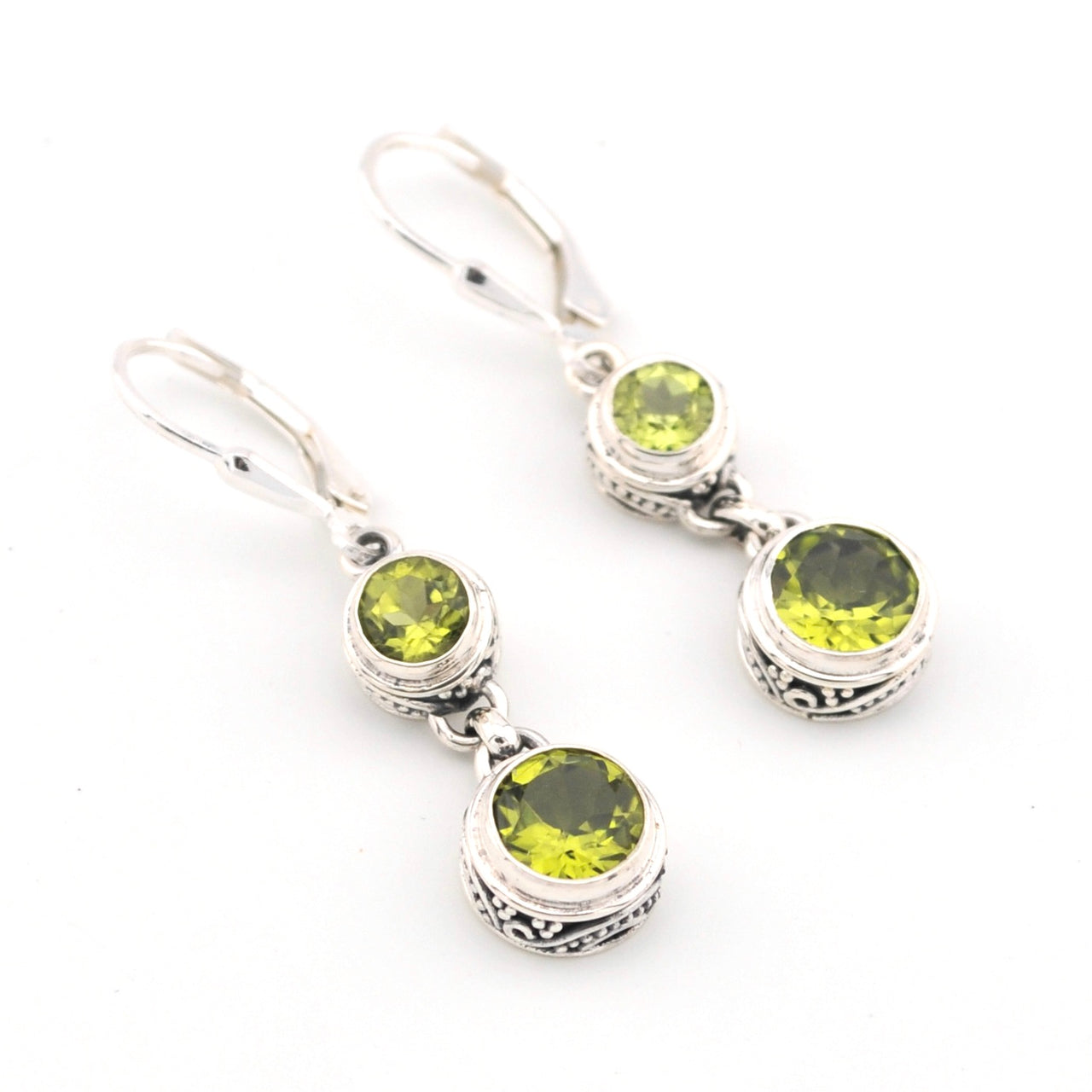 Silver Peridot 2 Round Bali Dangle Earrings