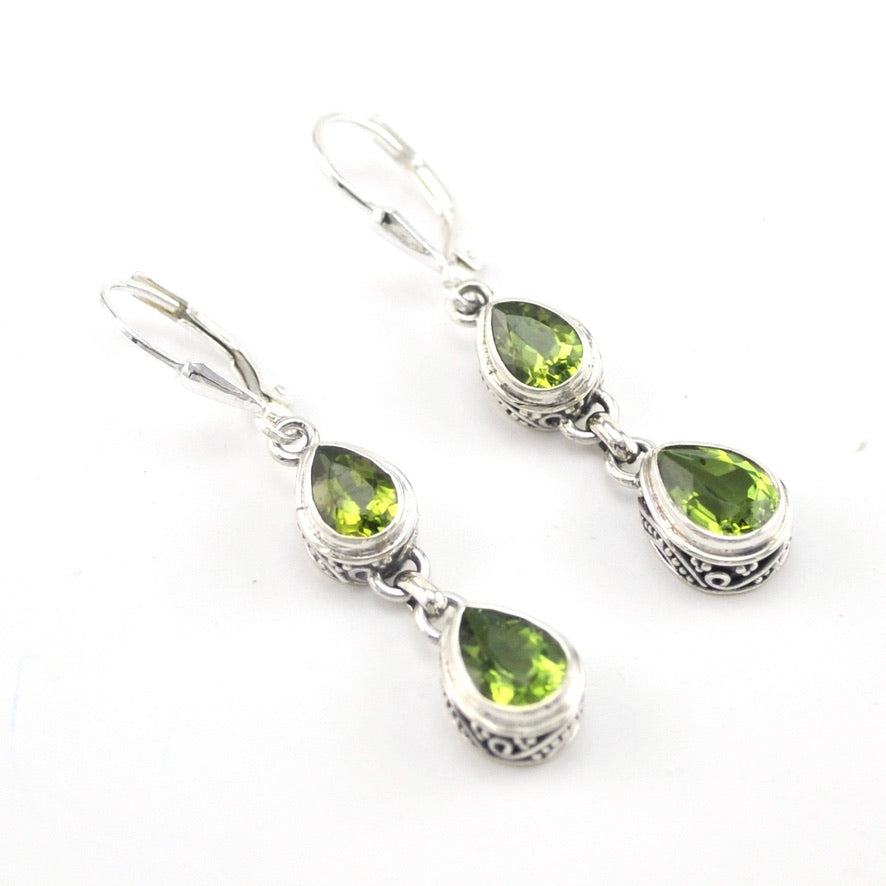 Silver Peridot 2 Tear Bali Dangle Earrings