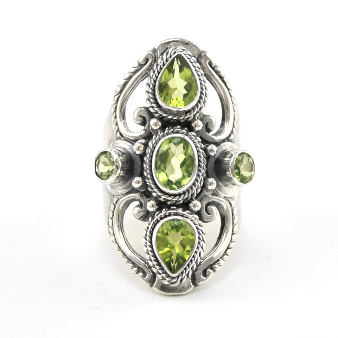 Silver Peridot 5 Stone Bali Ring