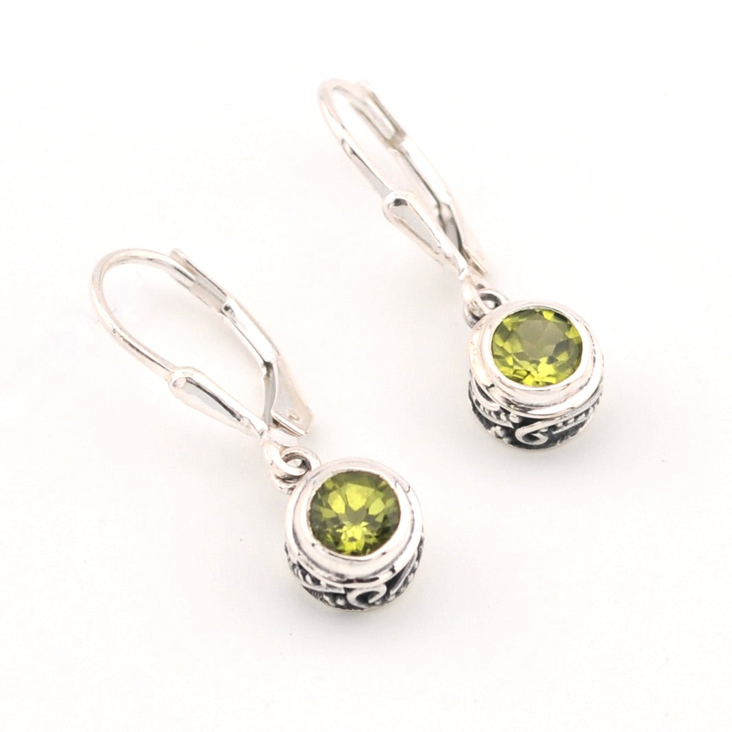 Silver Peridot 5mm Round Bali Dangle Earrings