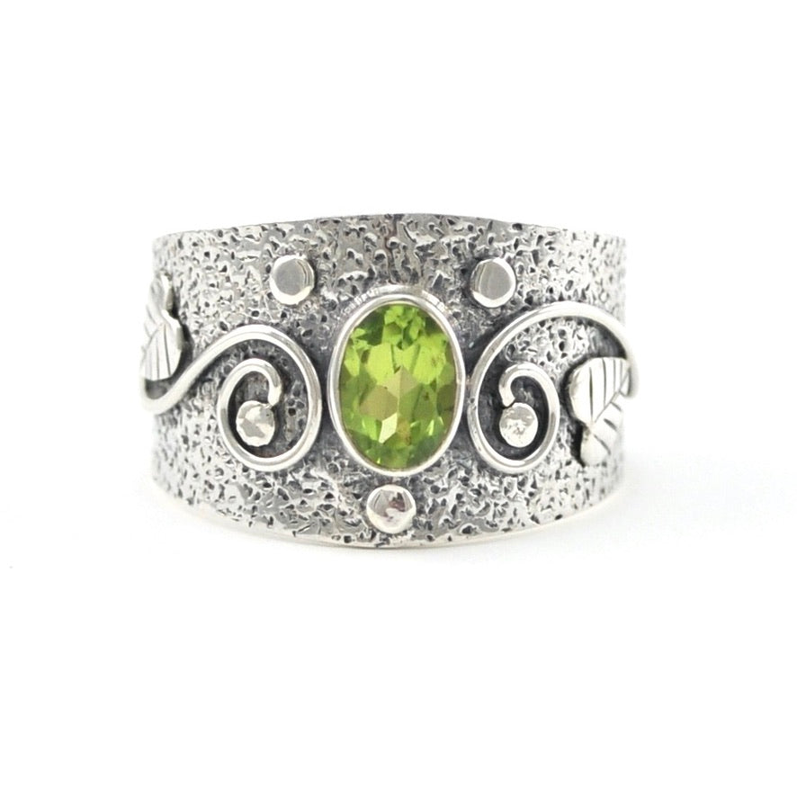 Silver Peridot 5x7mm Oval Leaf Swirl Ring