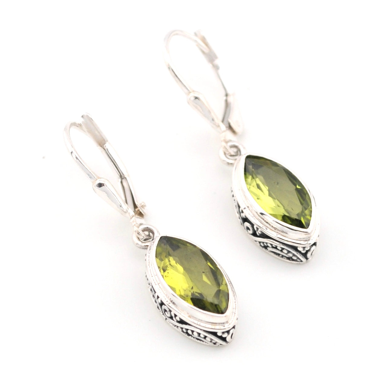 Silver Peridot 6x12mm Marquise Bali Earrings