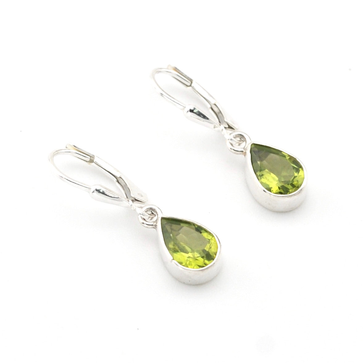 Silver Peridot 6x8mm Tear Dangle Earrings