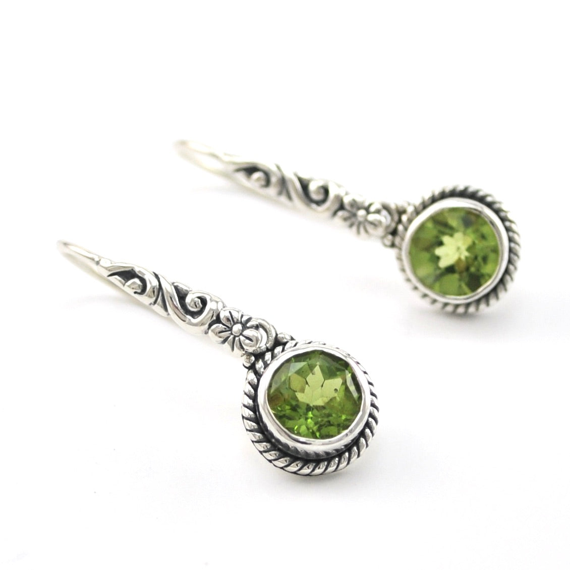 Silver Peridot 7mm Round Bali Scroll Earrings