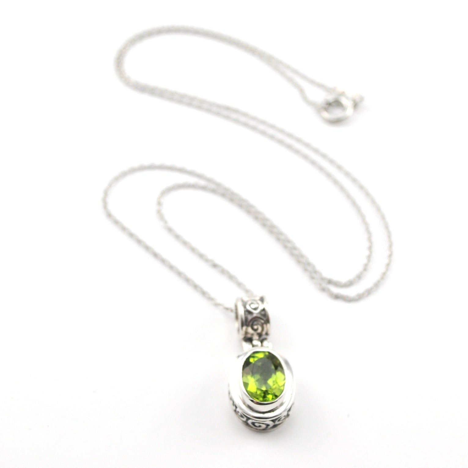 Silver Peridot 7x9mm Oval Bali Scroll Necklace