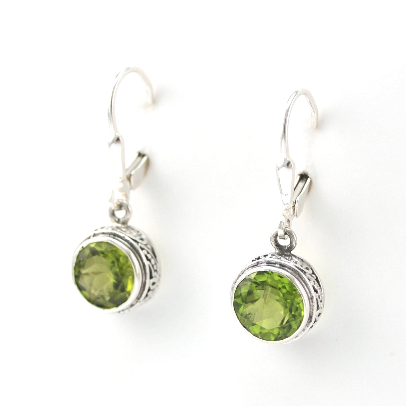 Silver Peridot 8mm Round Bali Dangle Earrings