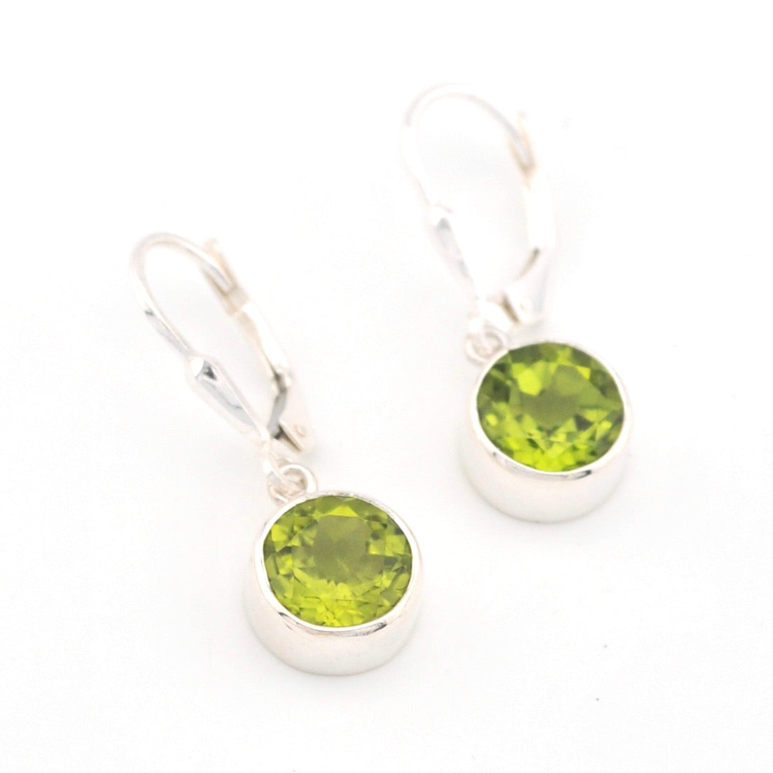 Silver Peridot 8mm Round Dangle Earrings