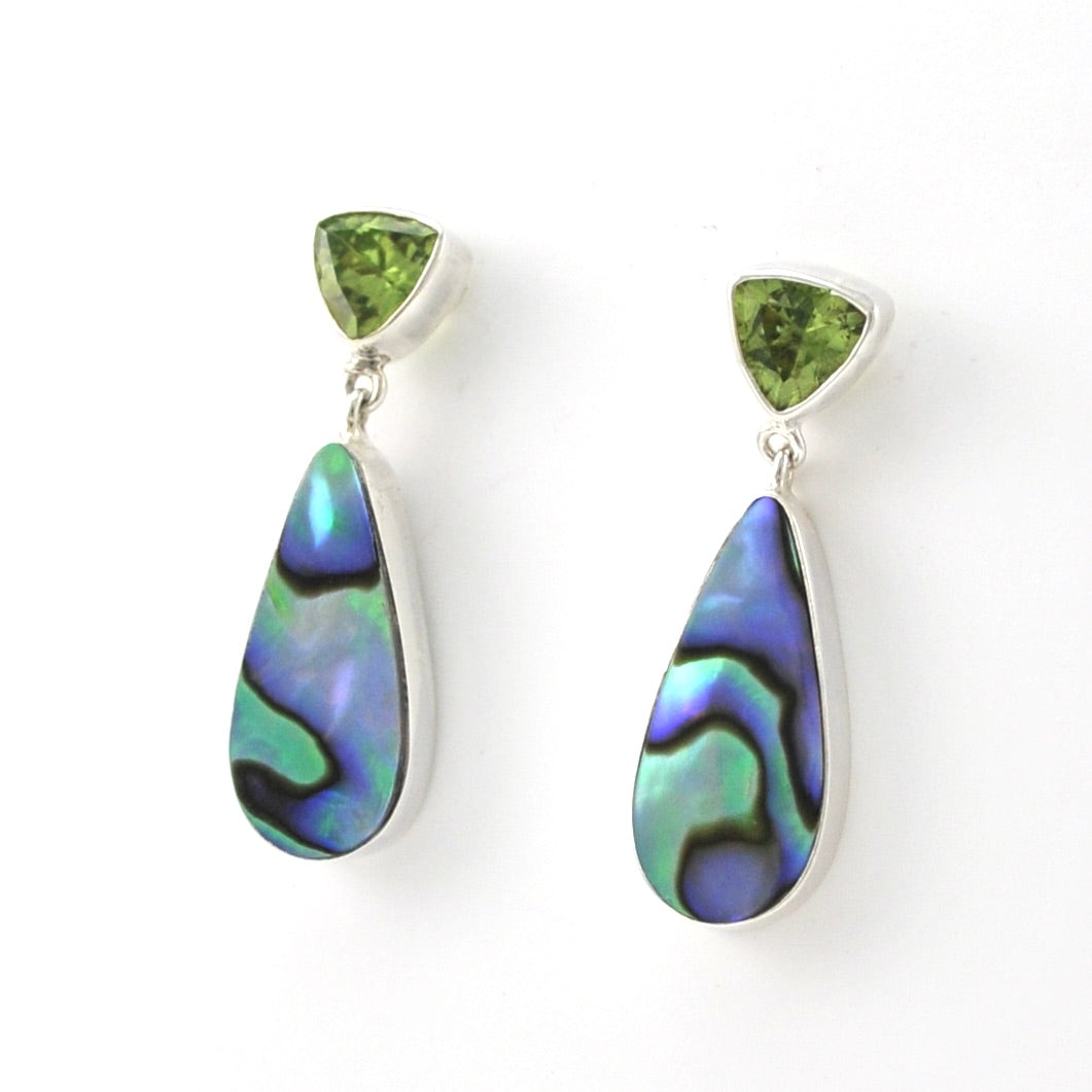 Silver Peridot Abalone Post Drop Earrings