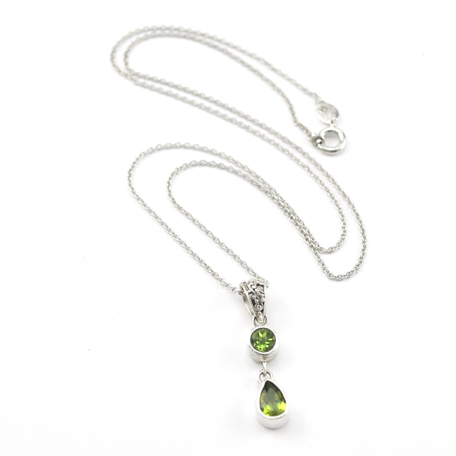 Silver Peridot Round Tear Necklace