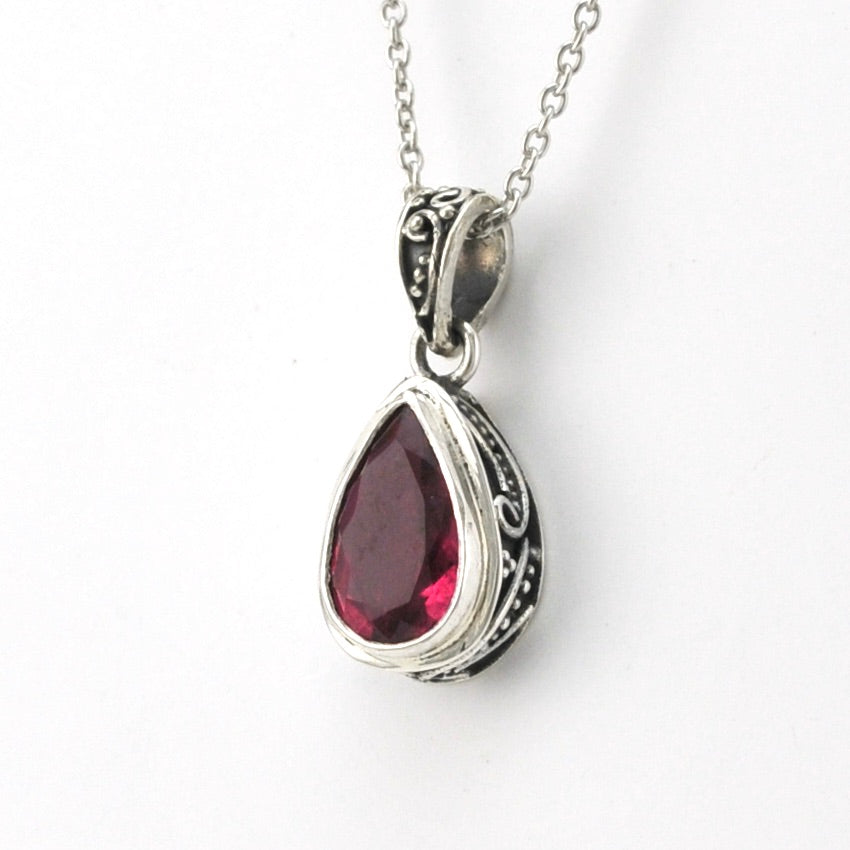 Silver Pink Tourmaline 6x10mm Tear Bali Necklace