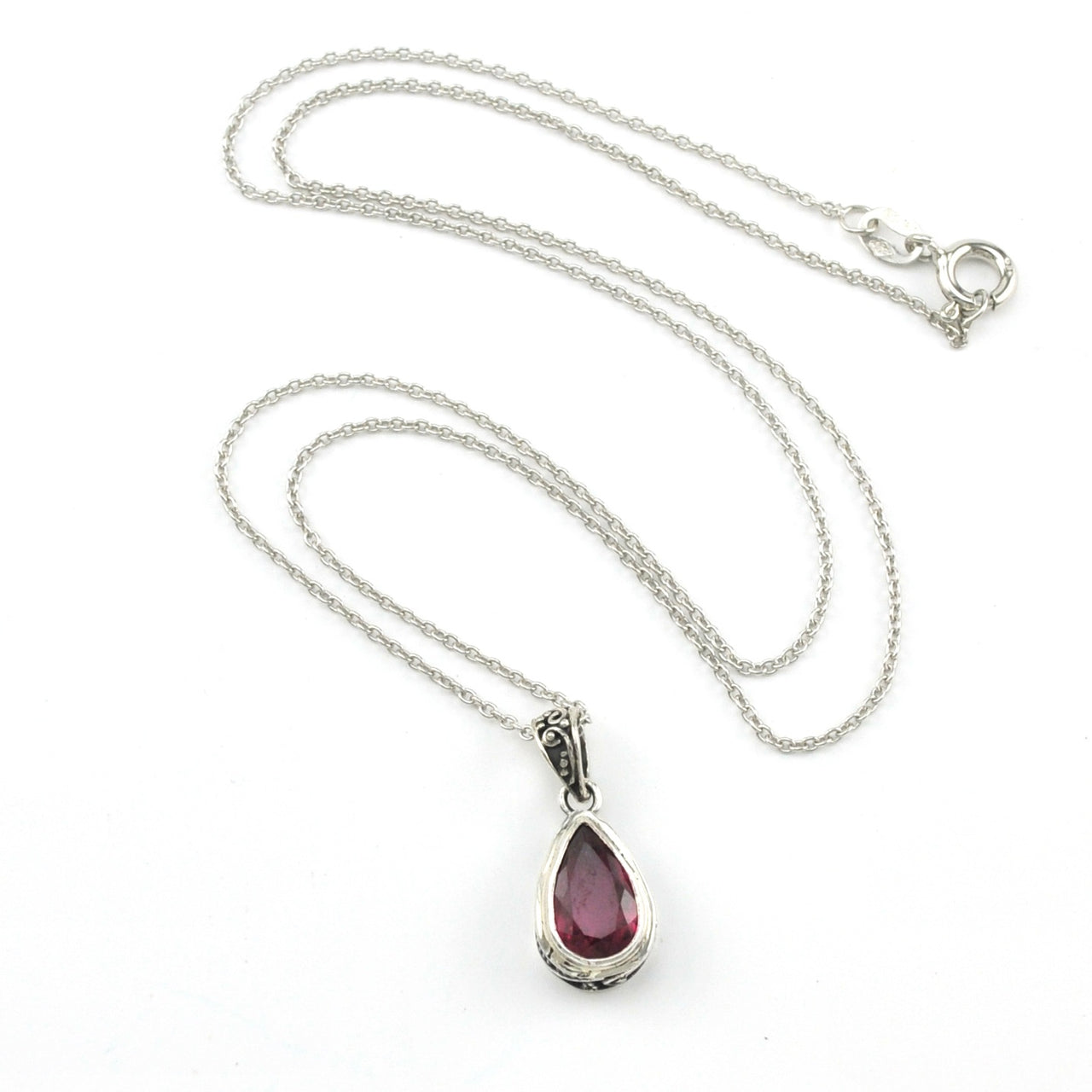 Silver Pink Tourmaline 6x10mm Tear Bali Necklace With Chain