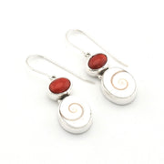Silver Red Coral Shiva Shell Earrings on white background