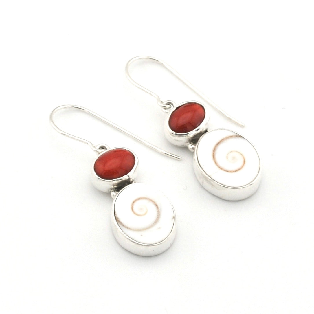 Silver Red Coral Shiva Shell Earrings on white background