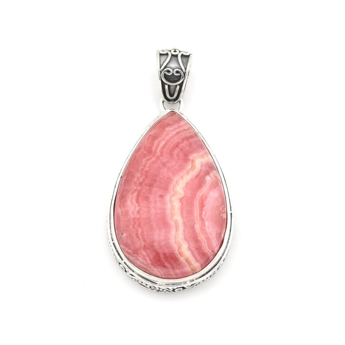 A teardrop-shaped pendant featuring a pink and white banded agate or marble-like stone set in a polished silver-tone bezel with an ornate engraved bail, shown on a plain white background.