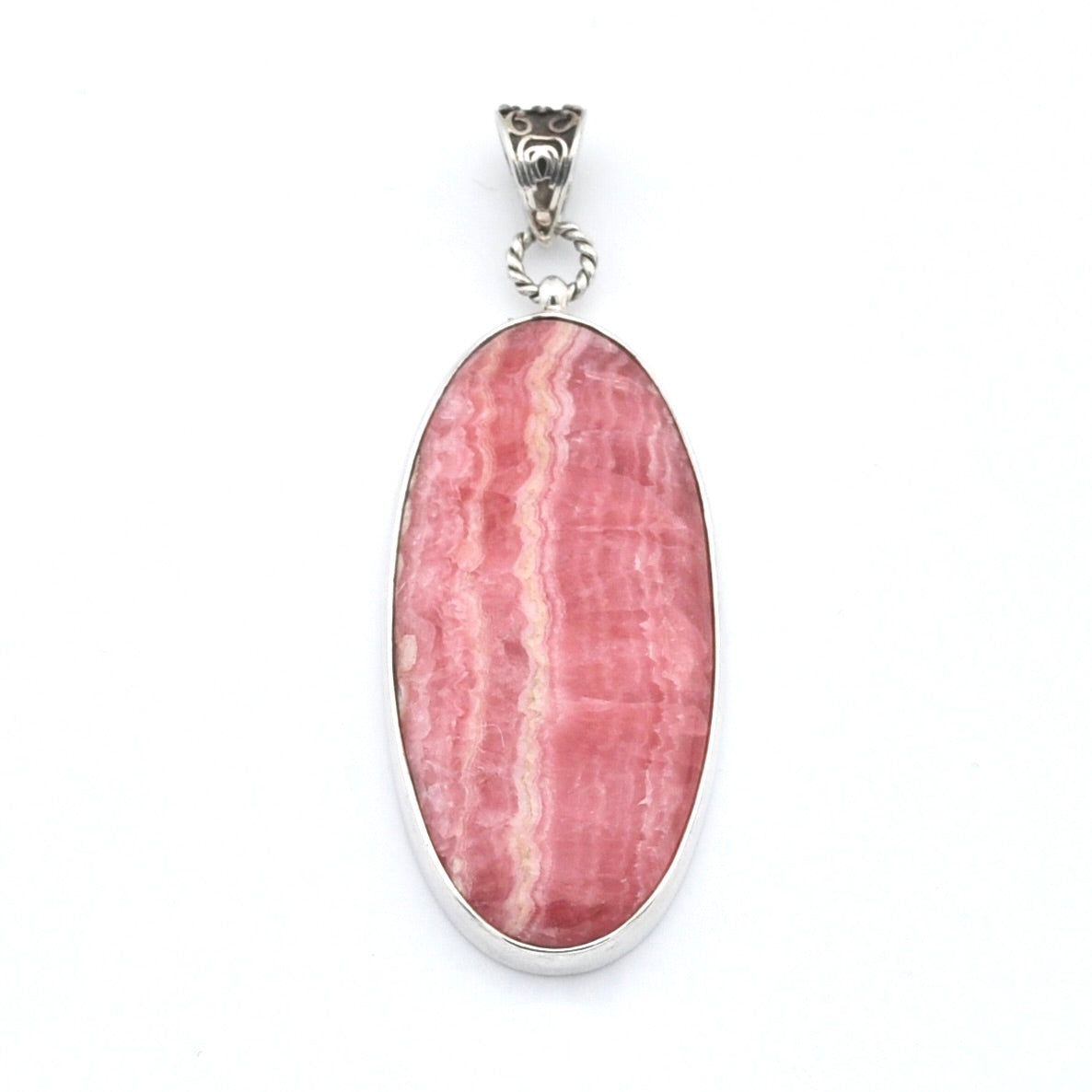 An oval pendant featuring a pink and white banded mineral stone in a polished silver bezel setting with a silver bail, shown against a plain white background.