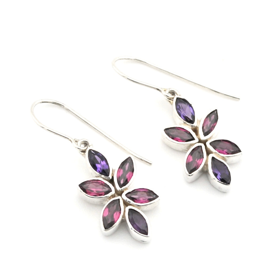 Silver Rhodolite Amethyst Small Flower Earrings on white background.