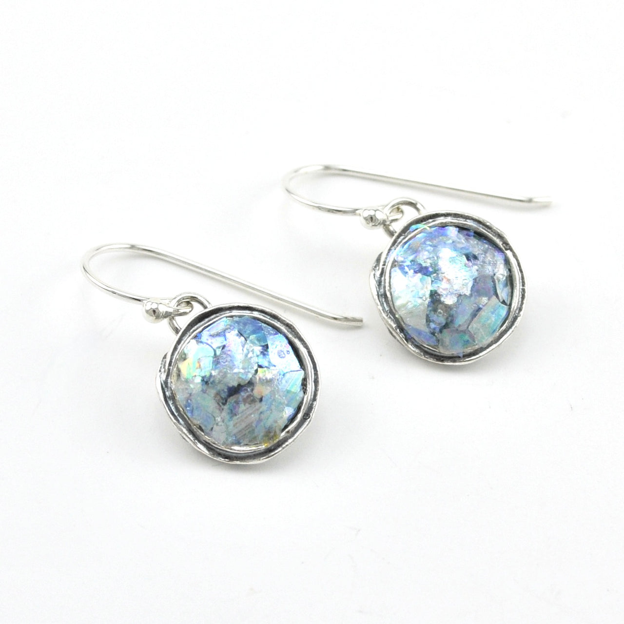 Silver Roman Glass Circle Dangle Earrings