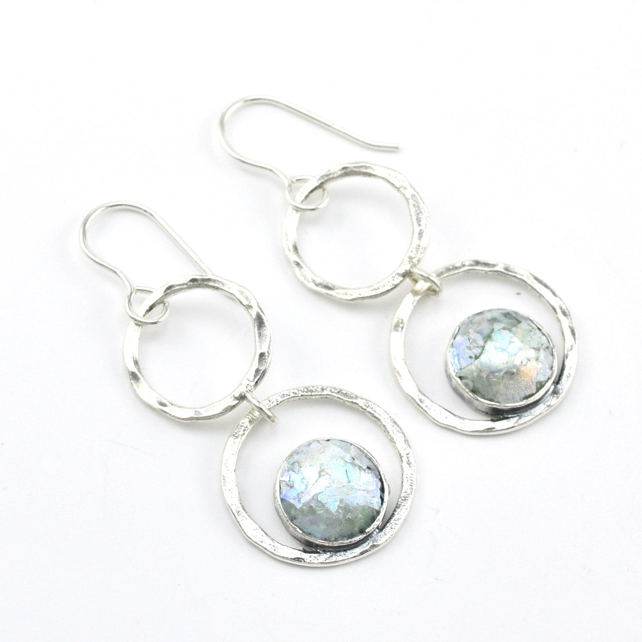 Silver Roman Glass Double Circle Earrings