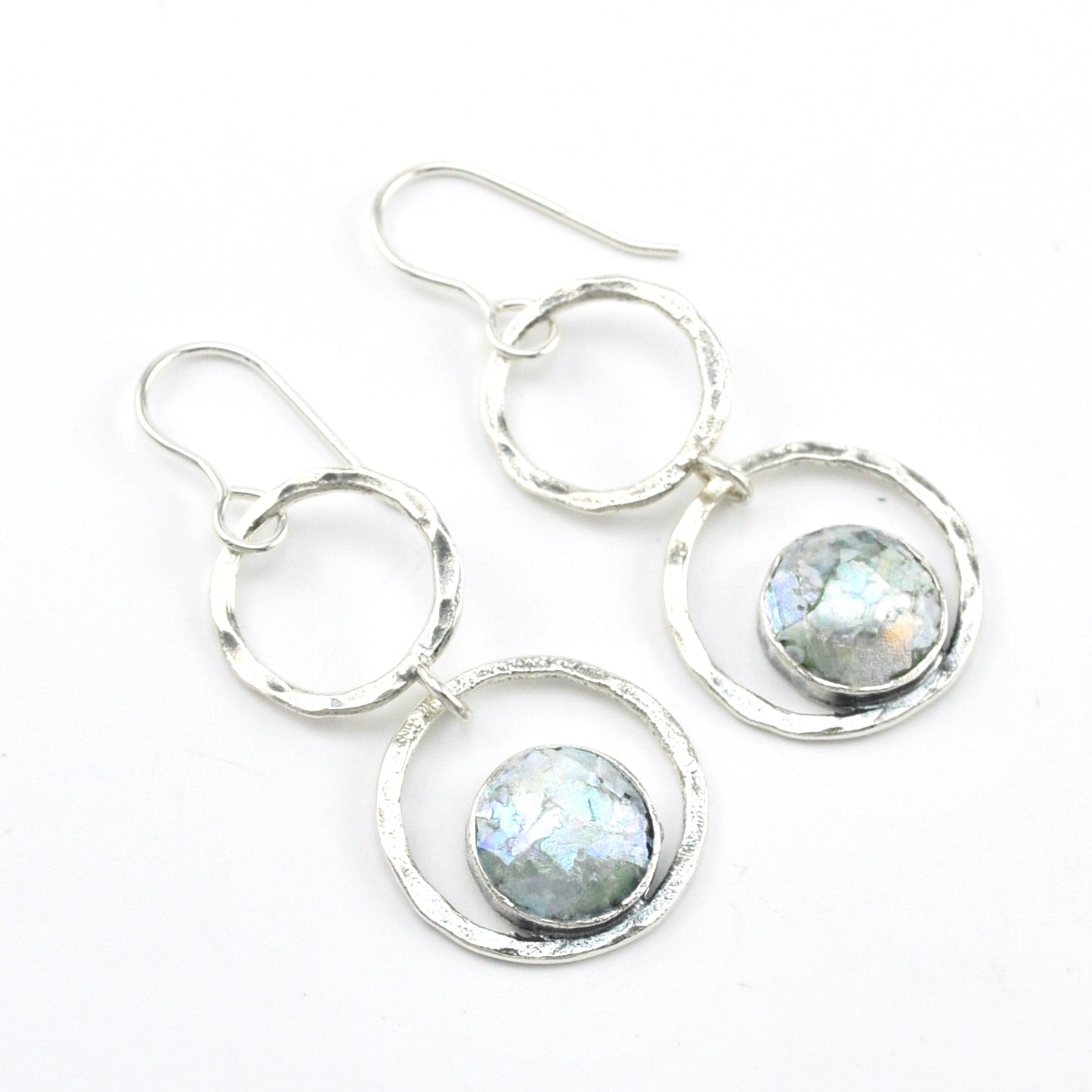 Silver Roman Glass Double Circle Earrings