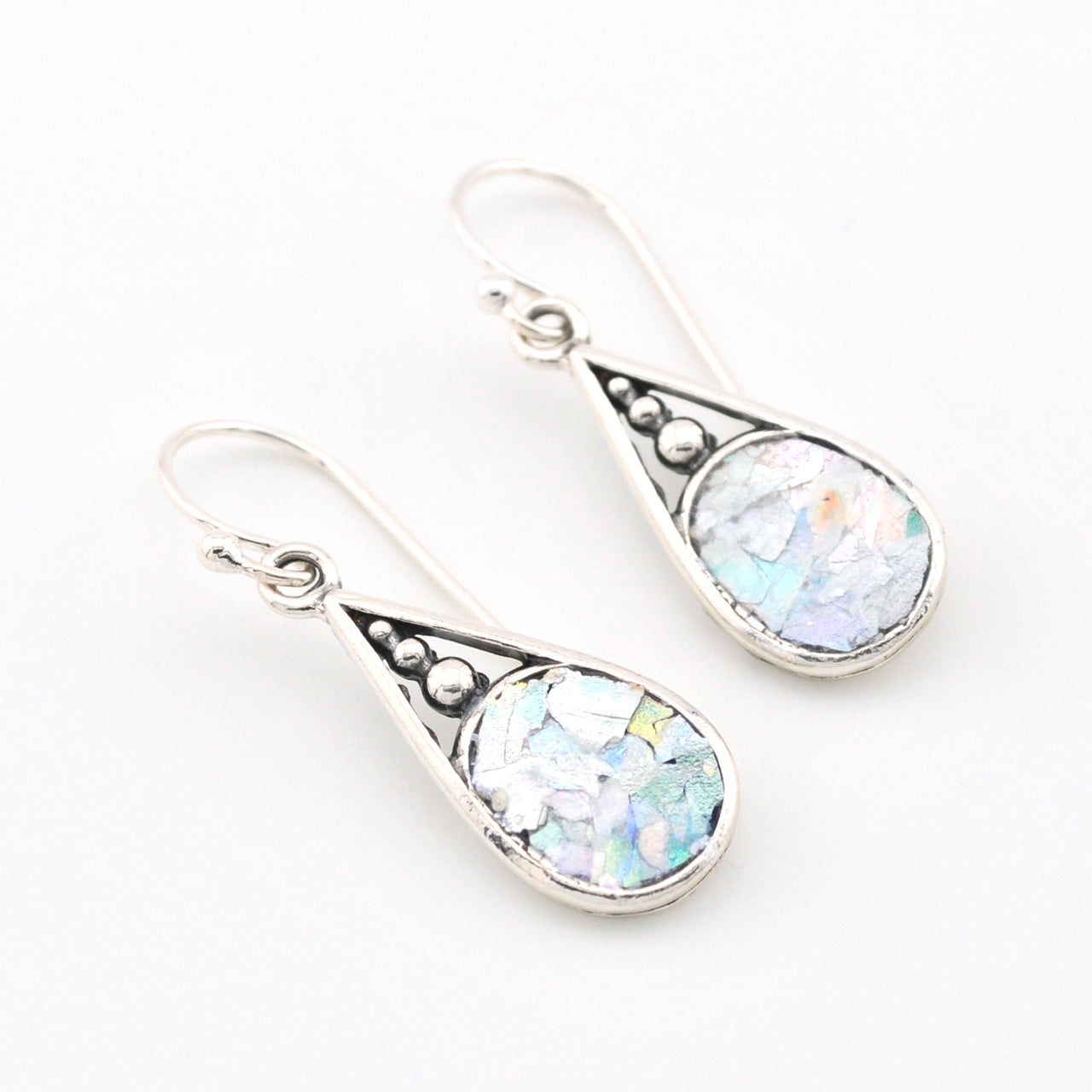 Silver Roman Glass Oval Dangle Earrings