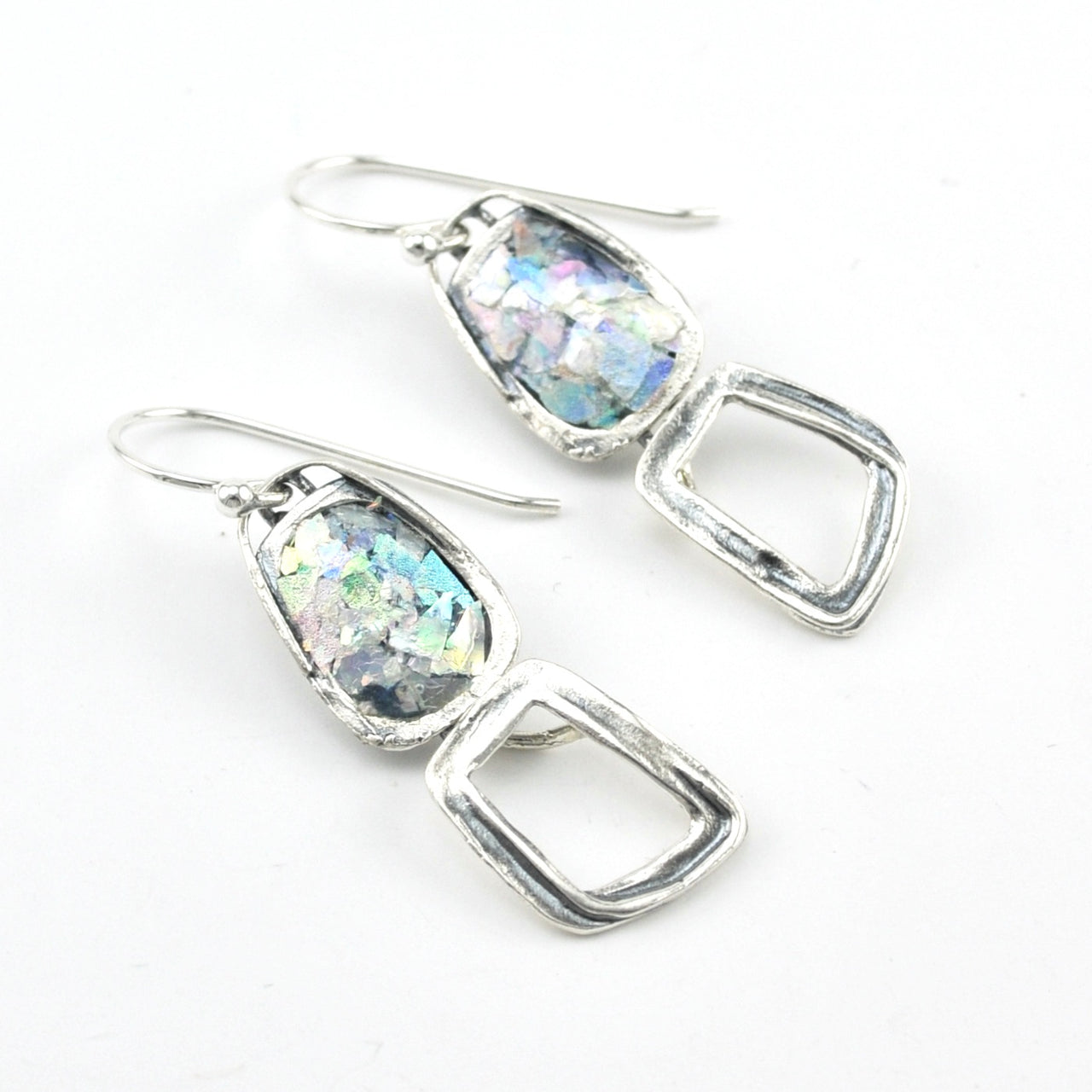 Silver Roman Glass Rectangular Dangle Earrings