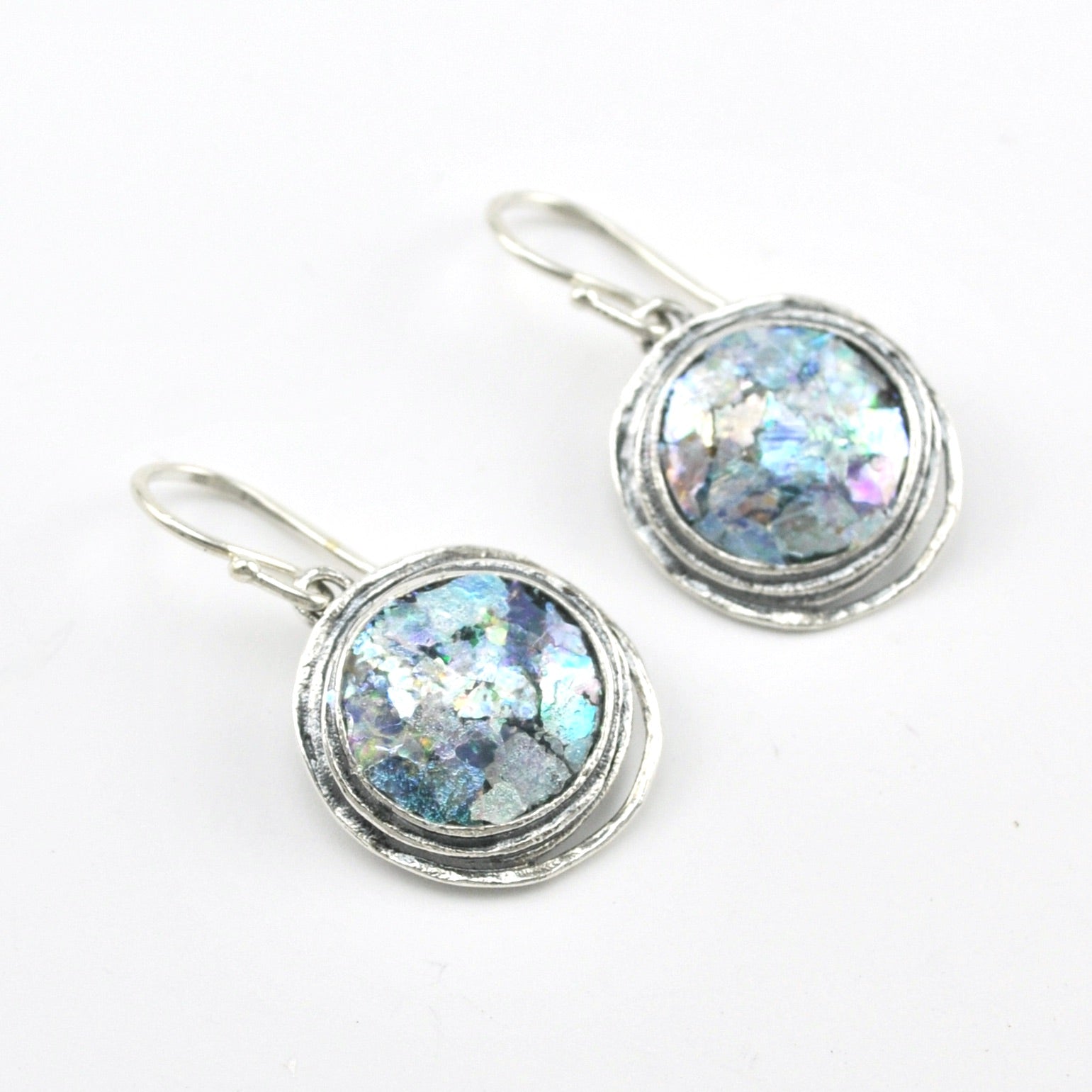 Silver Roman Glass Round Dangle Earrings