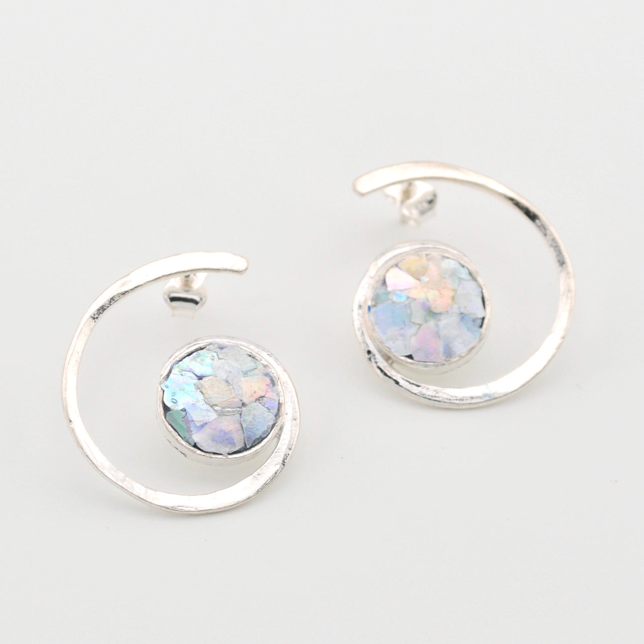 Silver Roman Glass Round Swirl Post Earrings