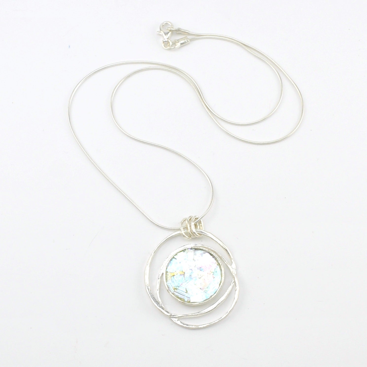 Silver Roman Glass Spiral Circle Necklace