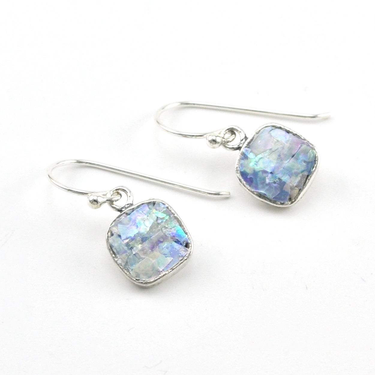 Silver Roman Glass Square Dangle Earrings