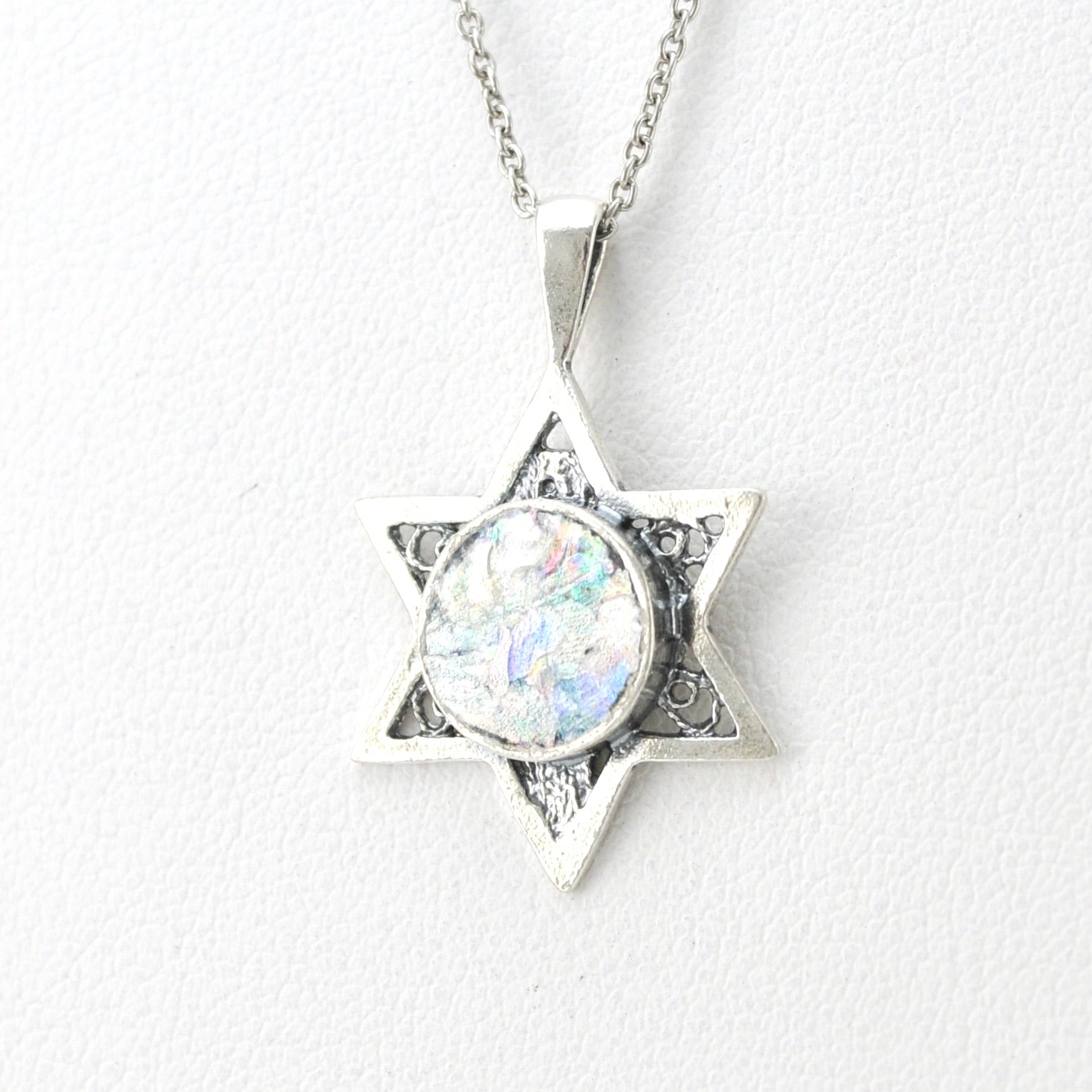 Silver Roman Glass Star of David Pendant 2 With Chain
