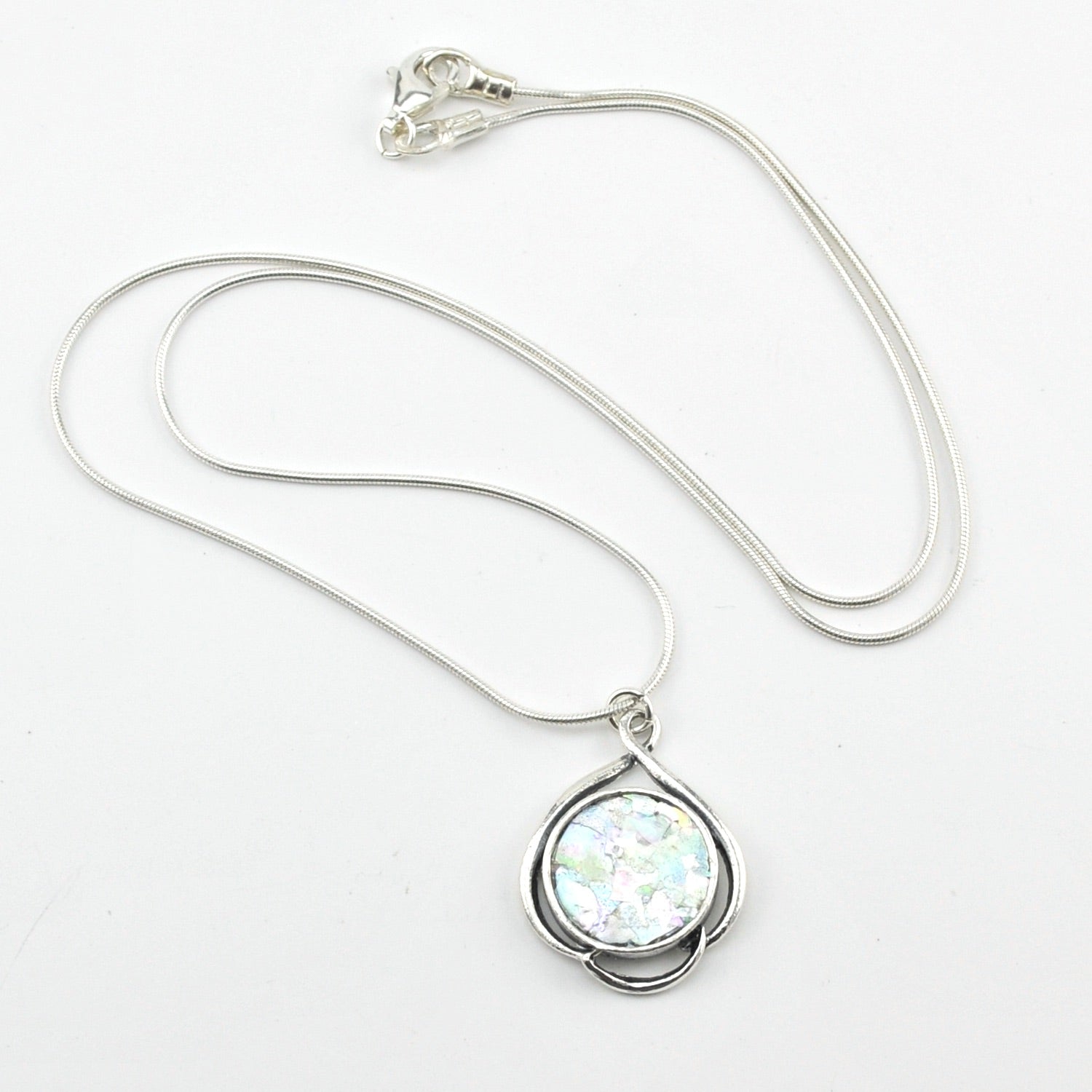 Silver Roman Glass Swirl Circle Necklace