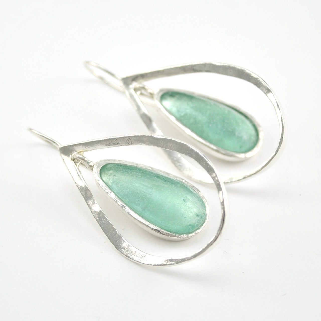 Silver Roman Glass Tear in Silver Tear Dangle Earring