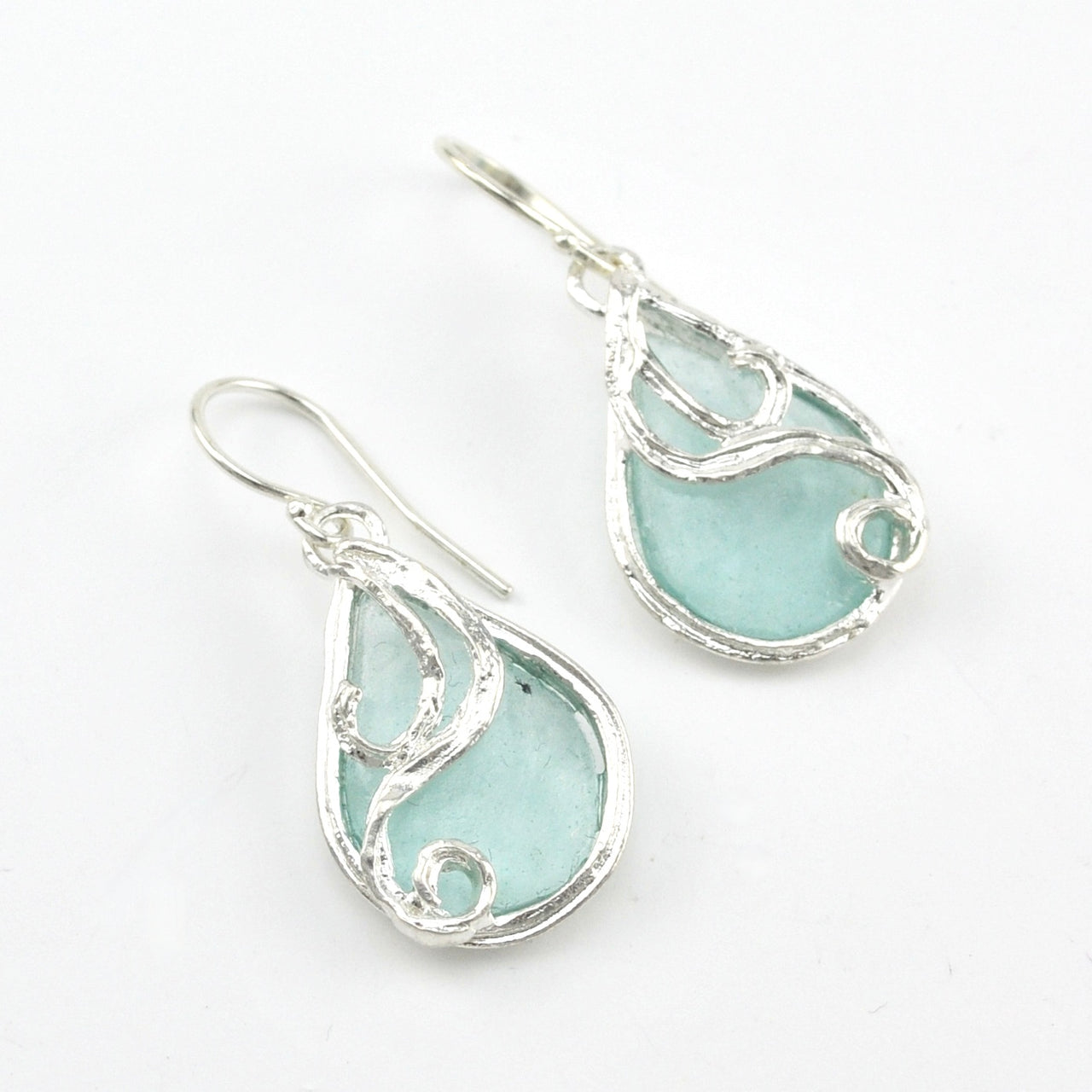 Silver Roman Glass Teardrop Swirl Dangle Earrings