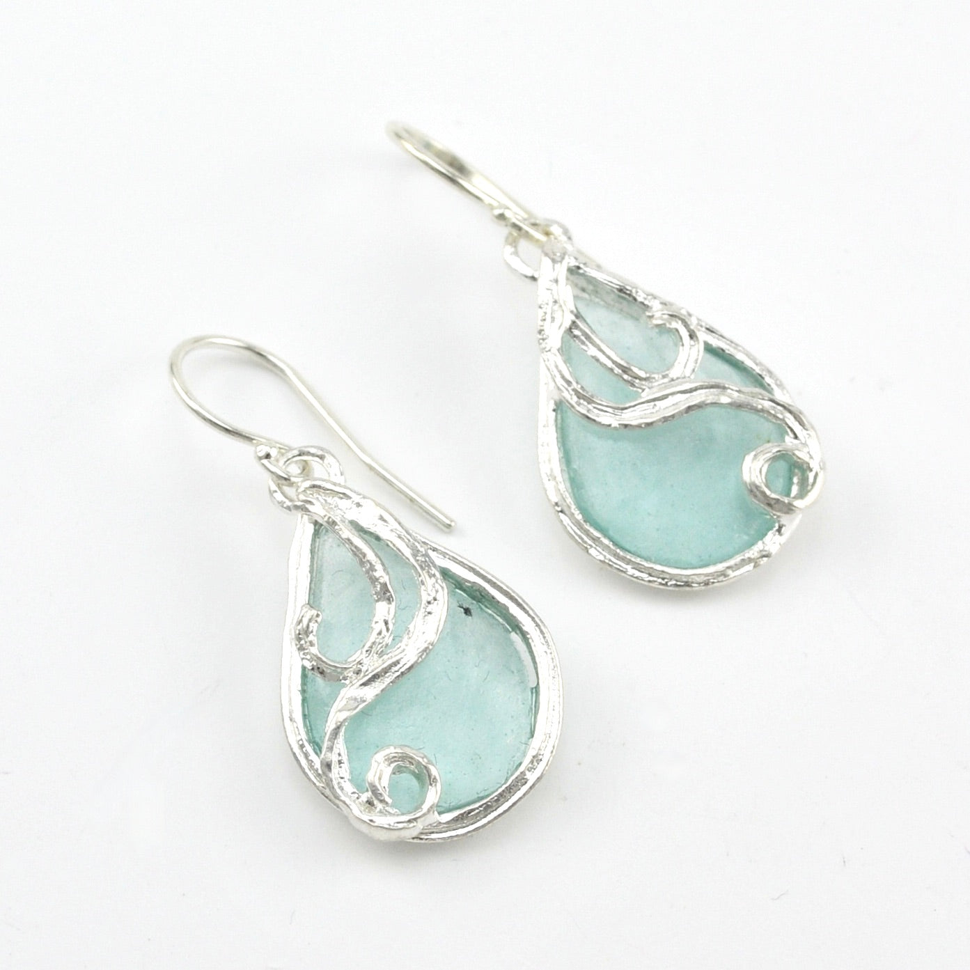 Silver Roman Glass Teardrop Swirl Dangle Earrings