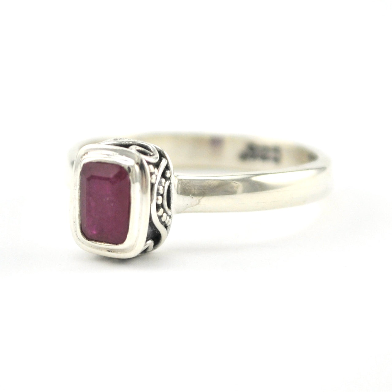 Silver Ruby 4x6mm Rectangle Bali Ring