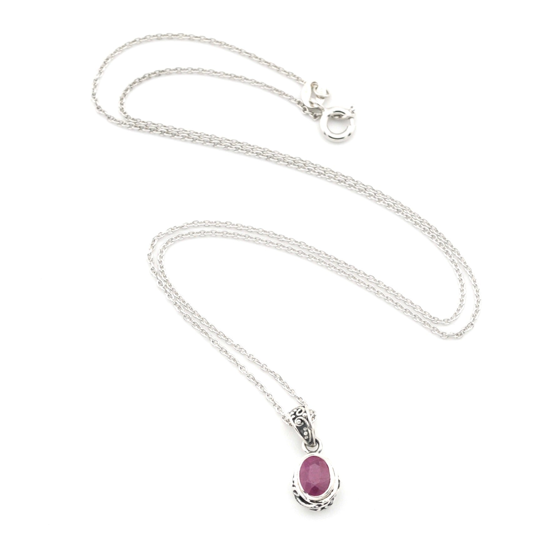 Silver Ruby 5x7mm Oval Bali Necklace on white background