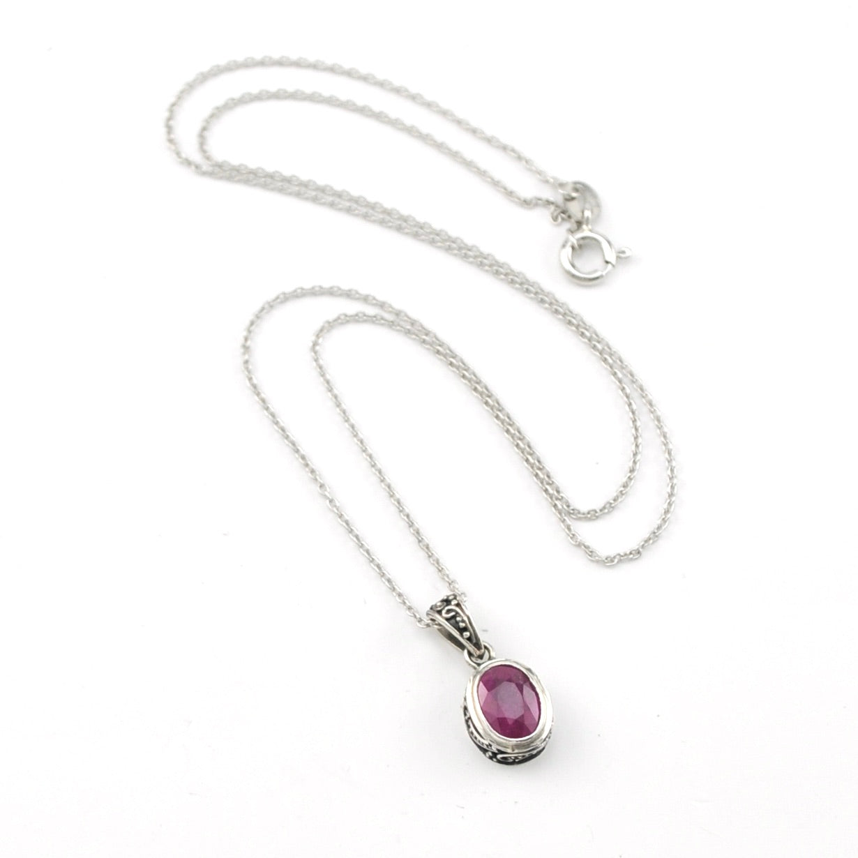 Silver Ruby 6x8mm Oval Bali Necklace