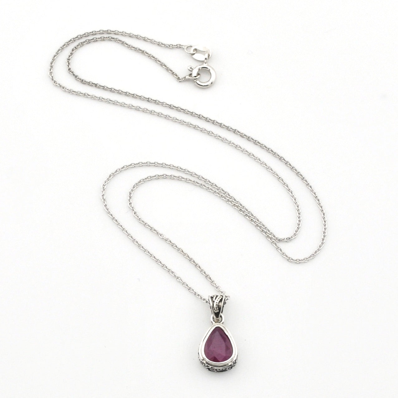 Silver Ruby 7x9mm Tear Bali Necklace