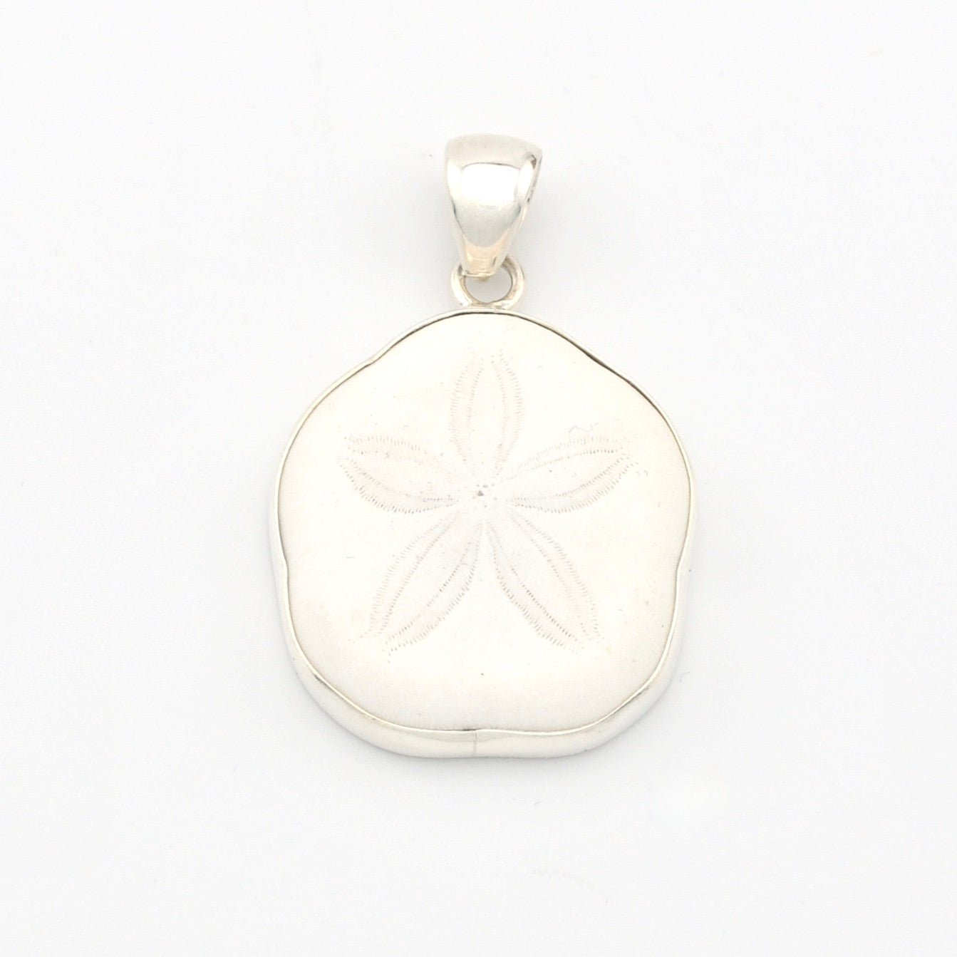 Silver pendant with a sand dollar on a white background