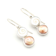 Handmade Silver Shiva Shell Bronze Pearl Dangle Earrings on white background
