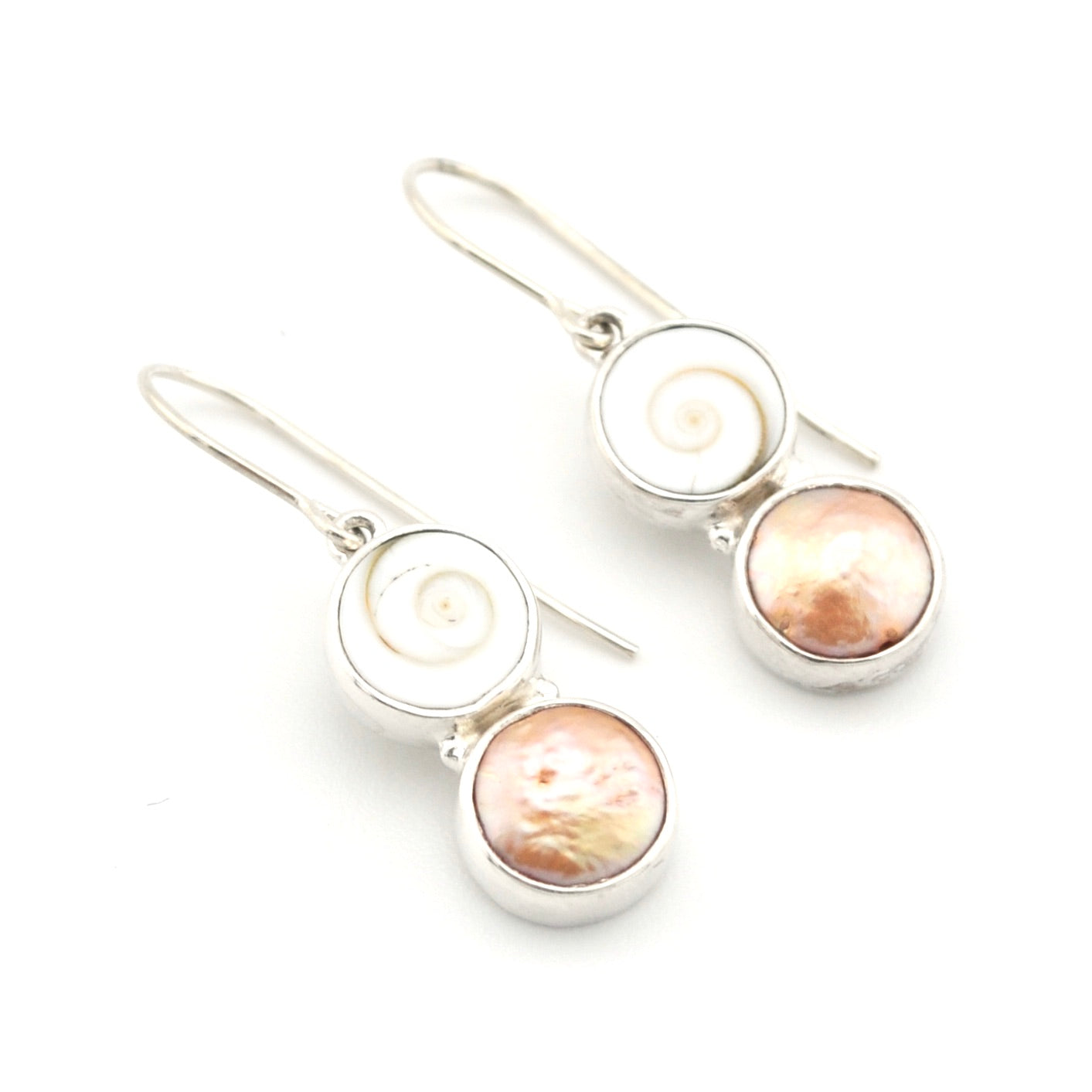 Handmade Silver Shiva Shell Bronze Pearl Dangle Earrings on white background