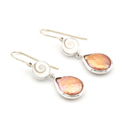 Pair of earrings with teardrop-shaped pink stones and white spiral designs on a white background
