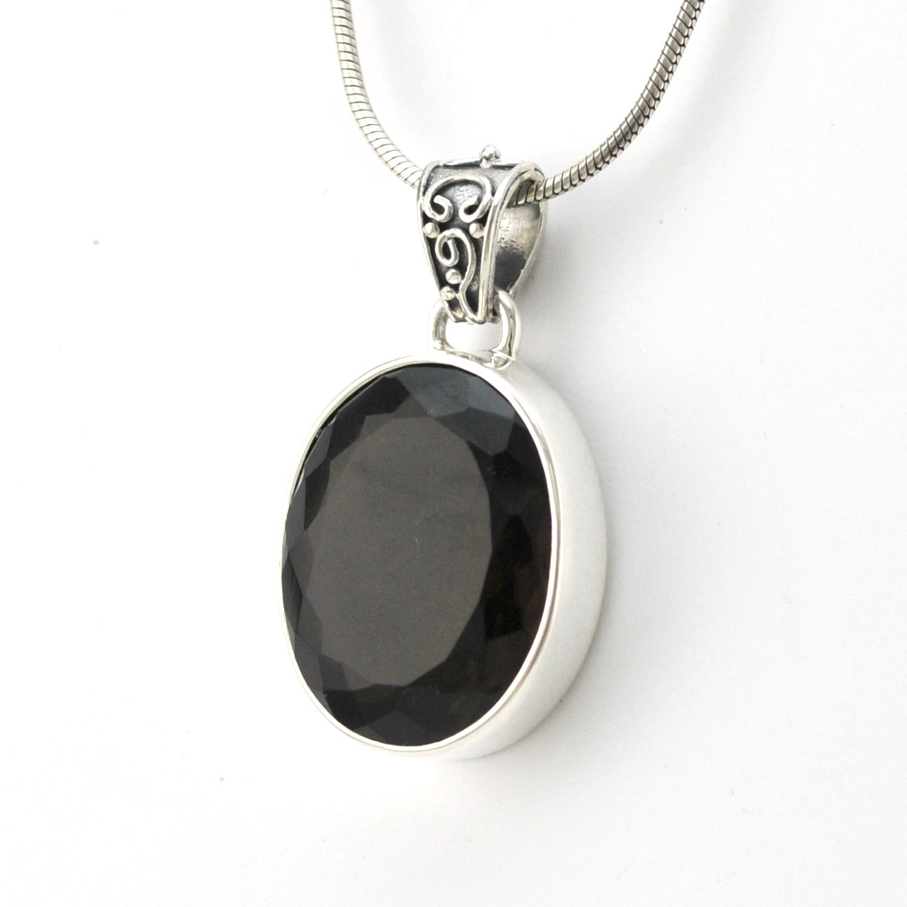 Silver Smoky Quartz 15x19mm Oval Pendant