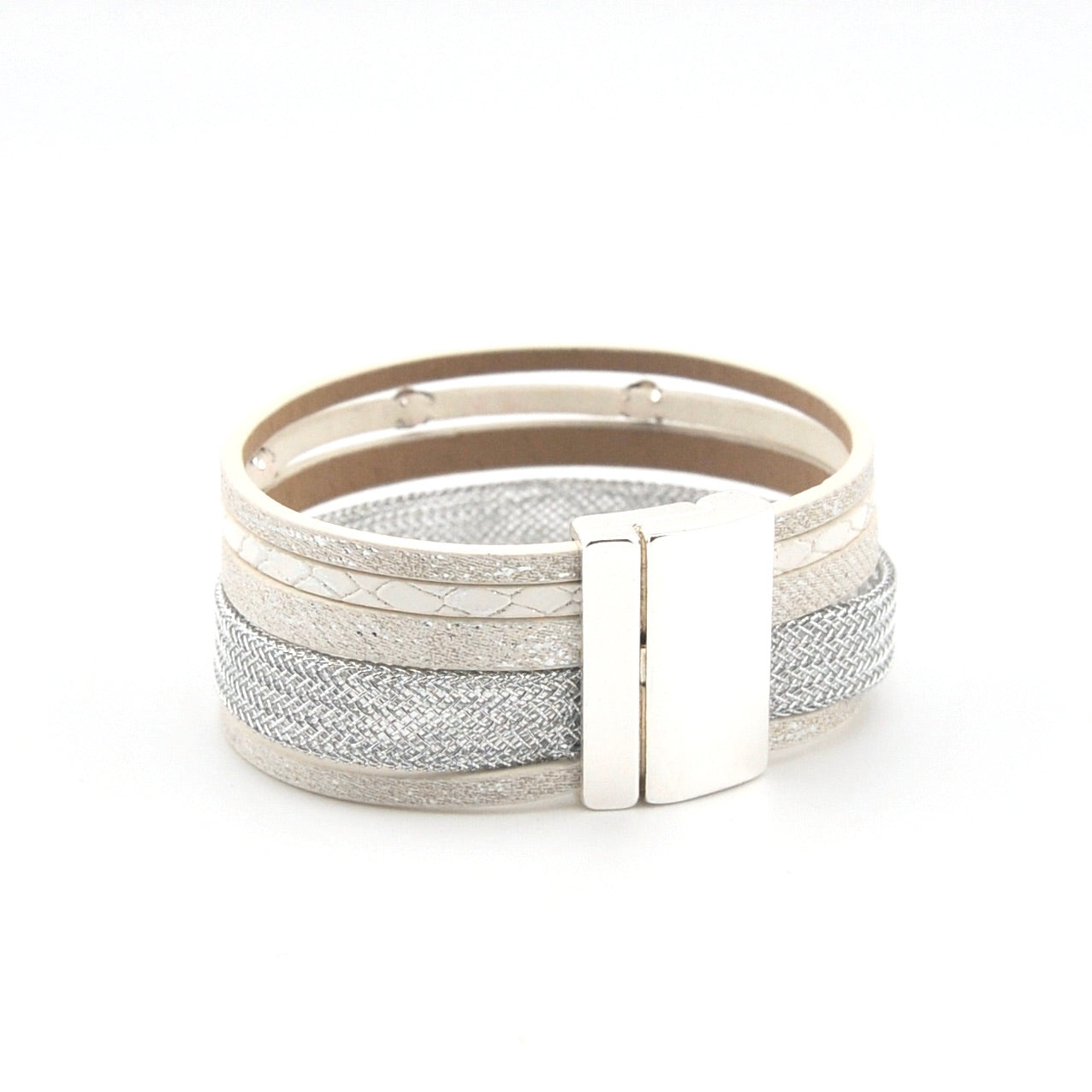 Silver Sparkling Leather Mesh and Crystal Bracelet Clasp