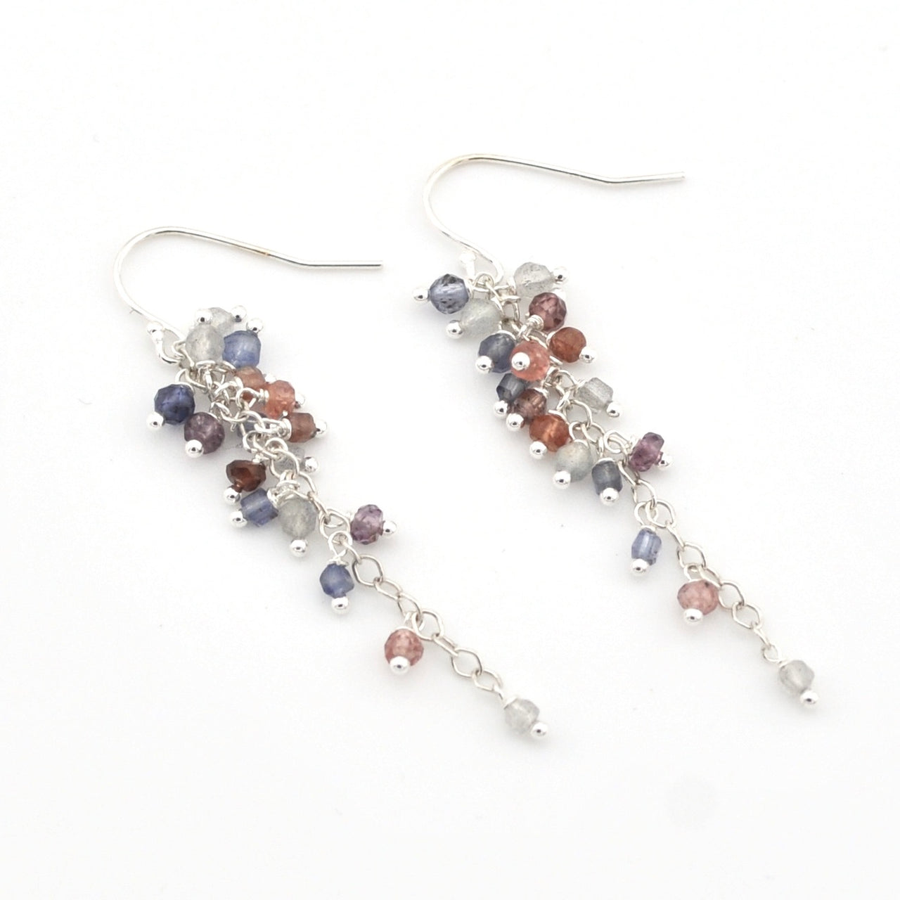 Beaded earrings with multicolored beads on a white background