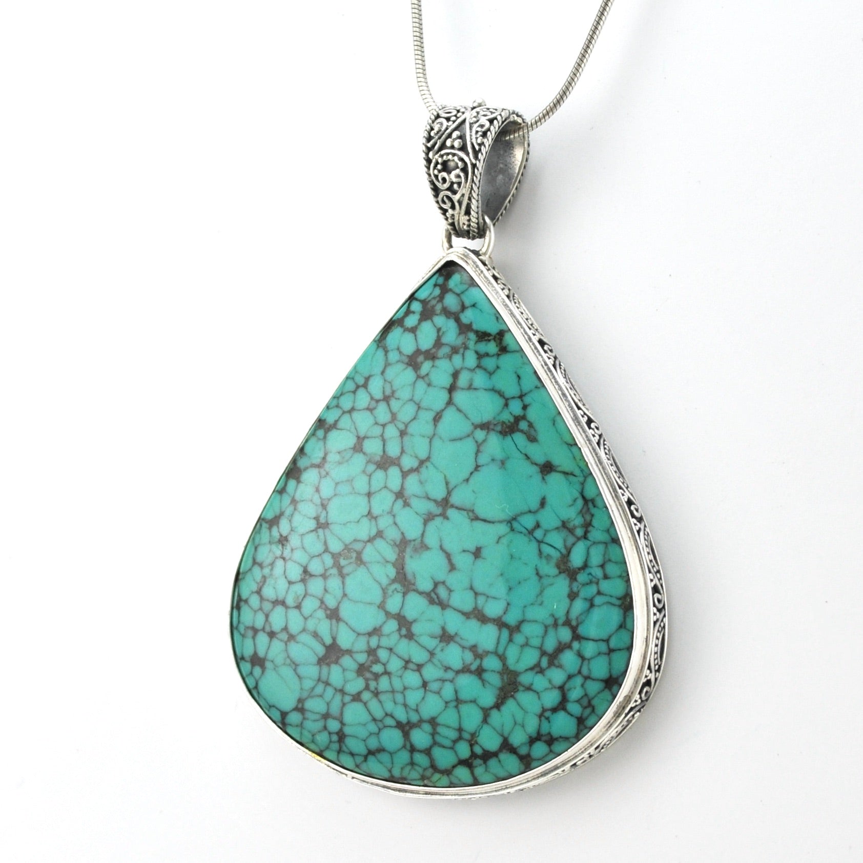 Silver Turquoise 43x50mm Wide Tear Bali Pendant