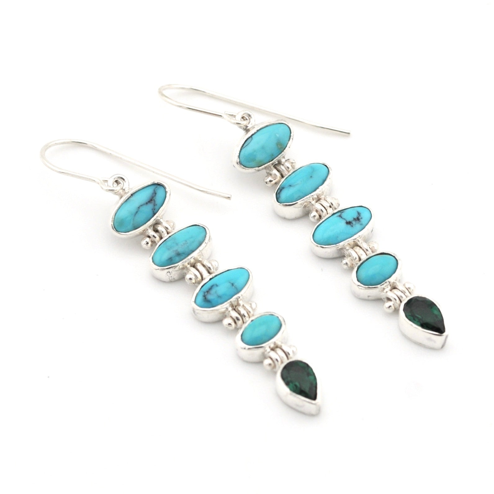 Silver Turquoise Green Quartz Dangle Earrings on white background