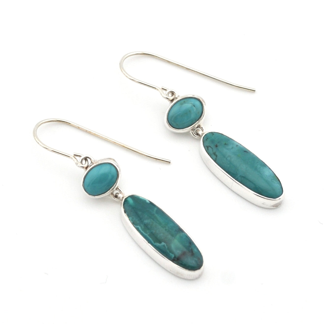 Silver Turquoise Long Oval Dangle Earrings on white background