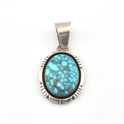 Turquoise stone pendant with silver setting on a white background