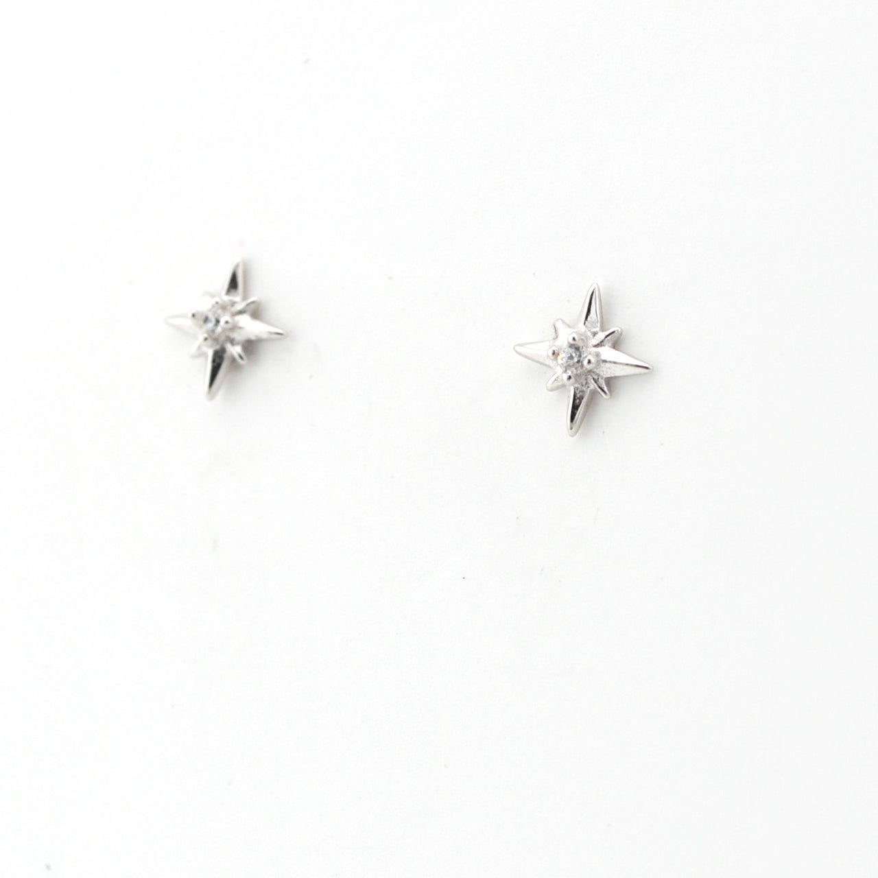 Pair of silver star-shaped earrings on a white background